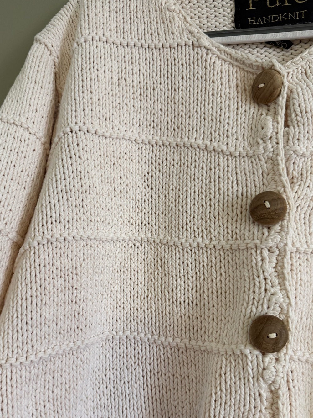 Pure Handknit Vintage Cotton Cardigan Cream Chunky Knit Wood Buttons Medium - Picture 3 of 7